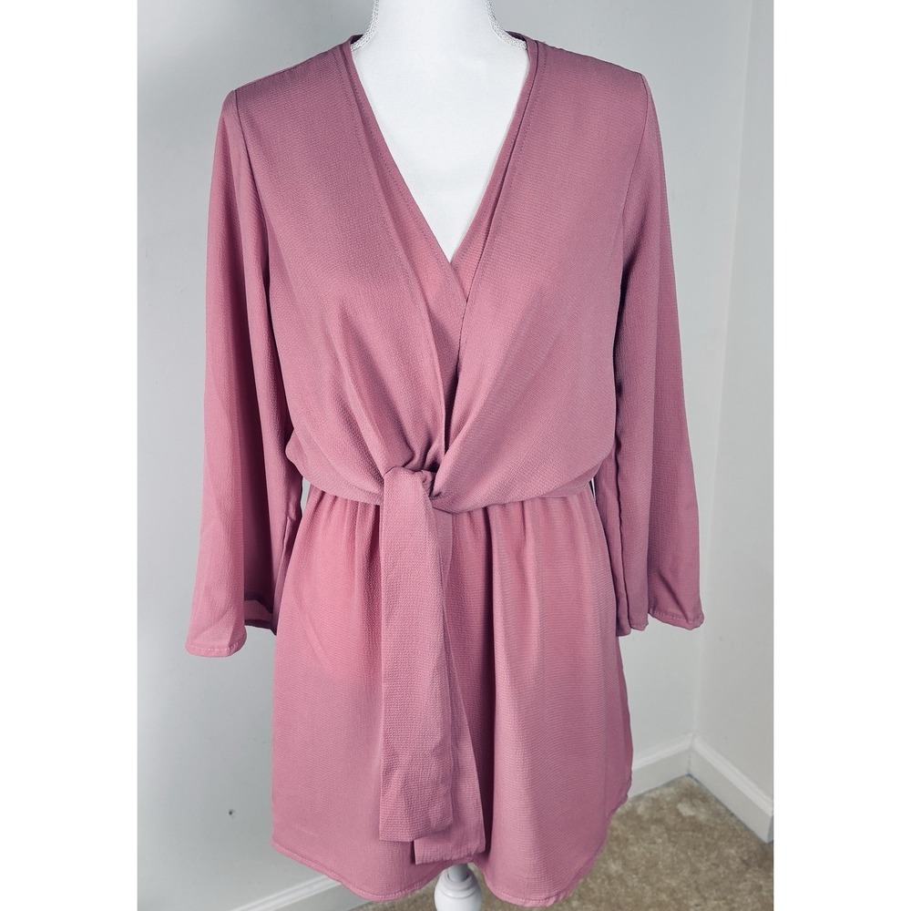 boohoo Women's Rose Pink Solid Shift V-Neck Tie Front Long Bell Sleeve Dress 14